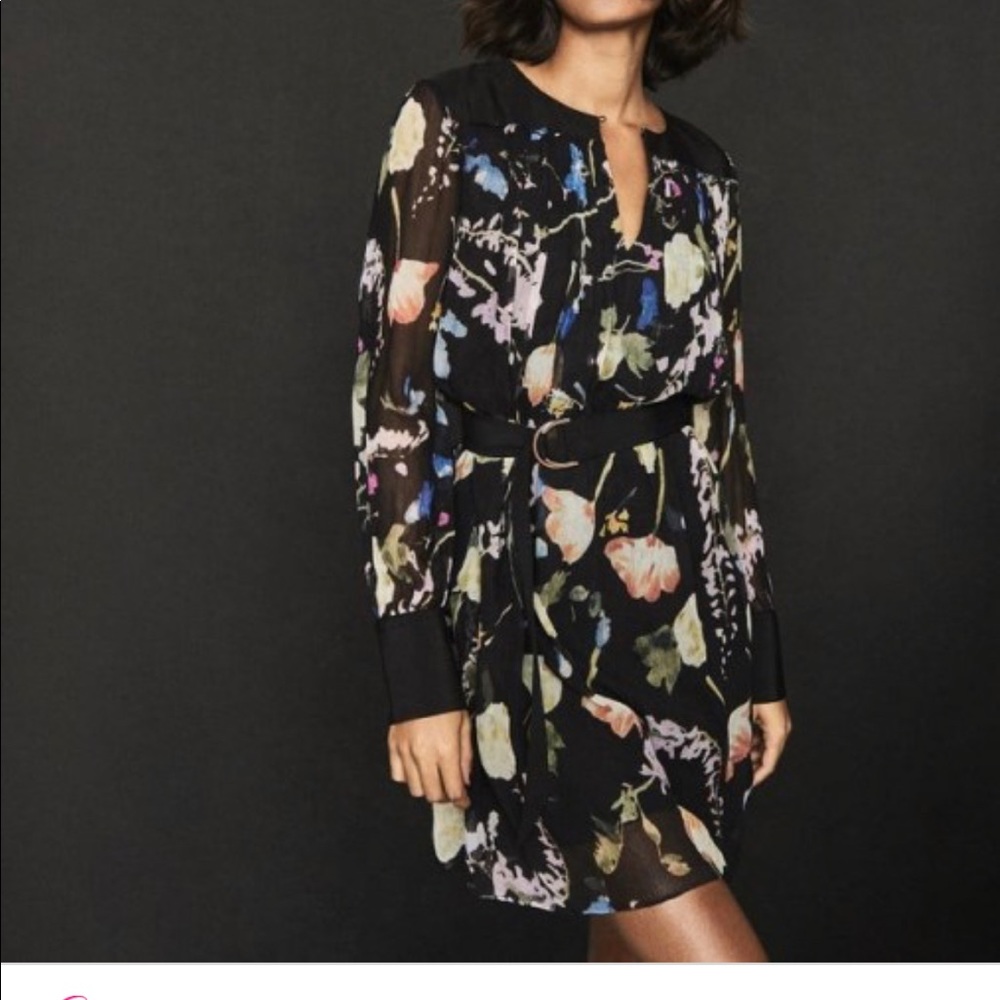 Reiss Finn floral crinkled sheer dress black